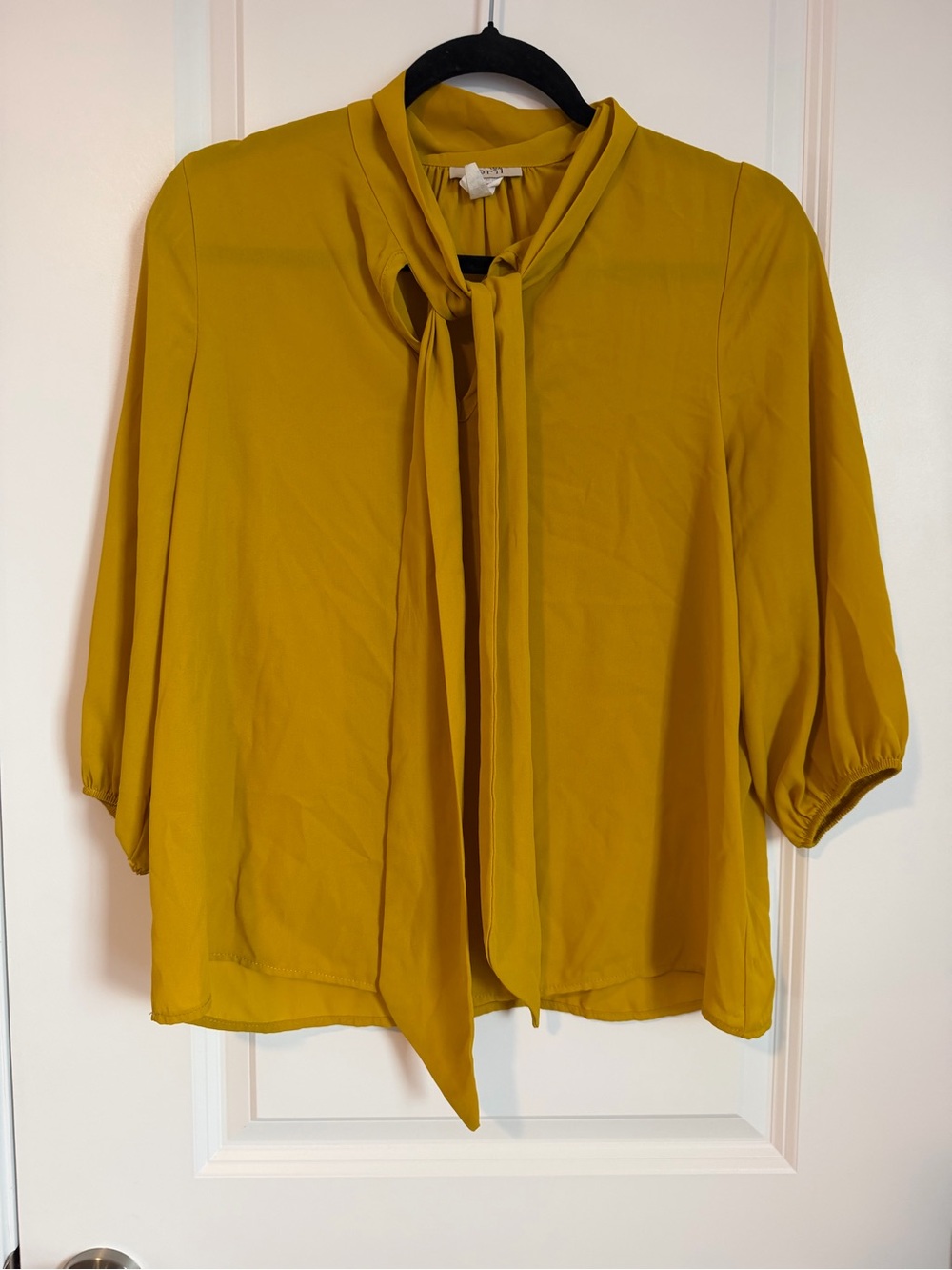 Tie-Neck Mustard Blouse with Three-Quarter Sleeves